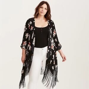 Torrid Black Floral Print Crepe Lightweight Fringe Kimono Size: 4X (26)